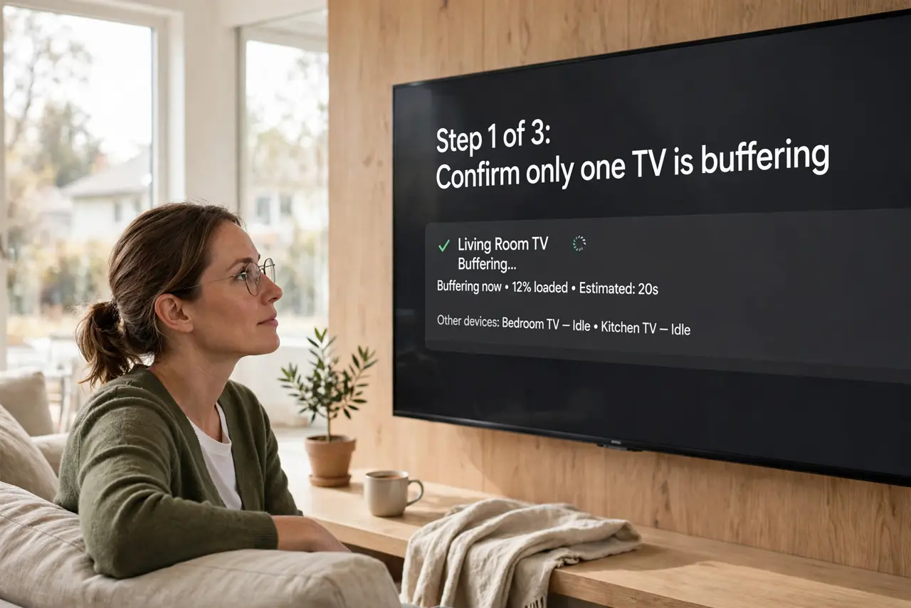 Person performing step 1: Confirm only one TV buffers. Play the same show on another TV or device. If only one TV buffers, the service is fine, and that TV is the...