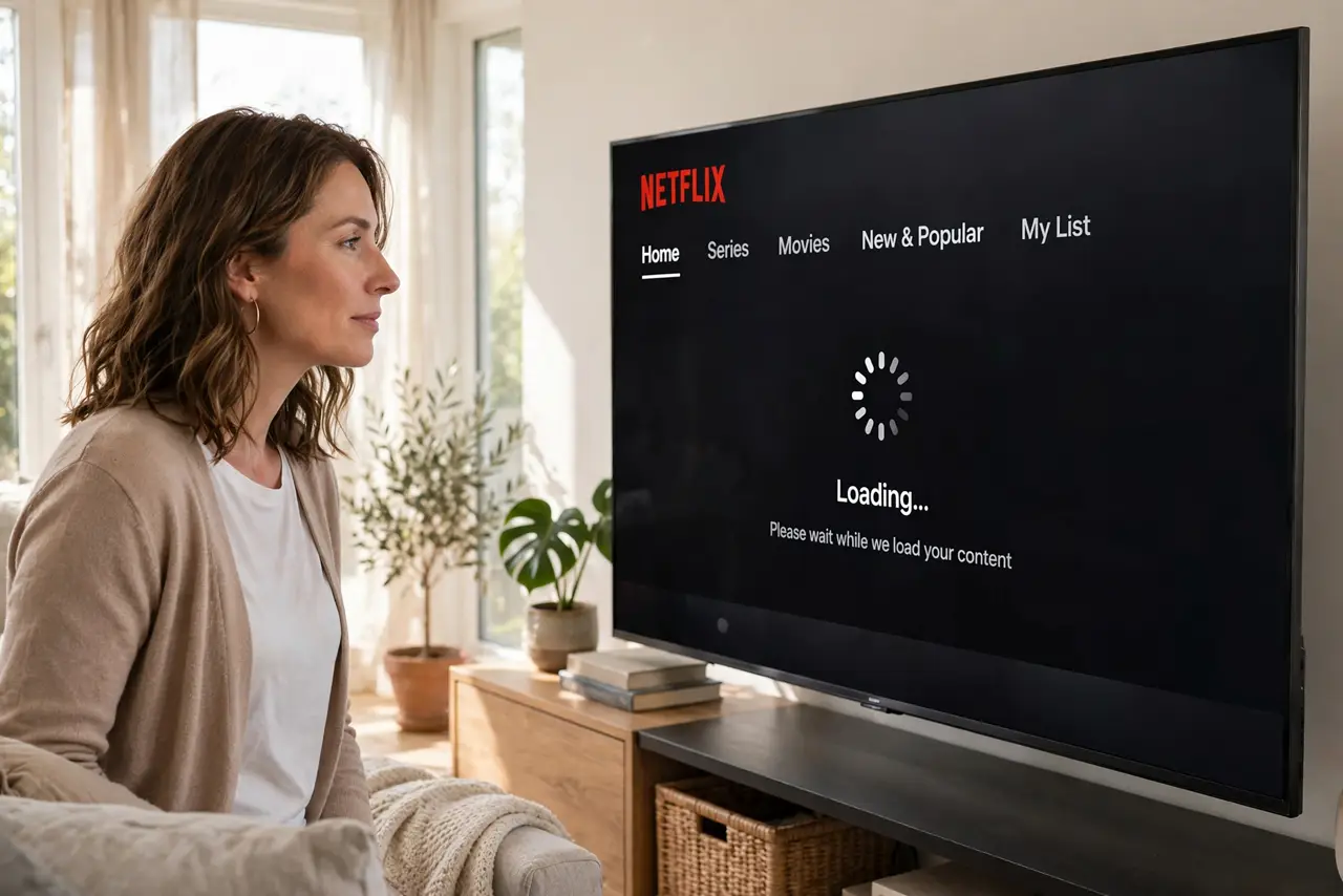 Photorealistic photo: A calm adult in a living room near a real smart TV, the real streaming app visible complete and legible with a loading spinner, the person checking calmly.