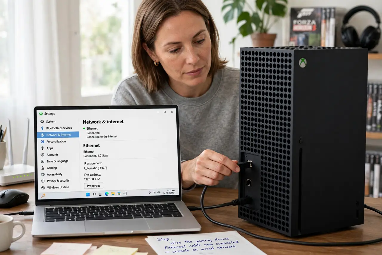 A person performing step 1 of the guide: Wire the gaming device. An ethernet cable takes the console off Wi-Fi entirely. This single change often ends the conflict, since the two no longer share the same wireless airtime.