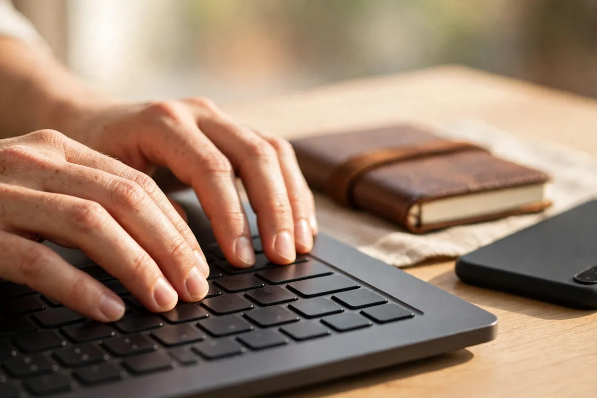 Close-up of hands typing on a laptop keyboard beside a closed notebook and a phone face down on a wooden desk.
