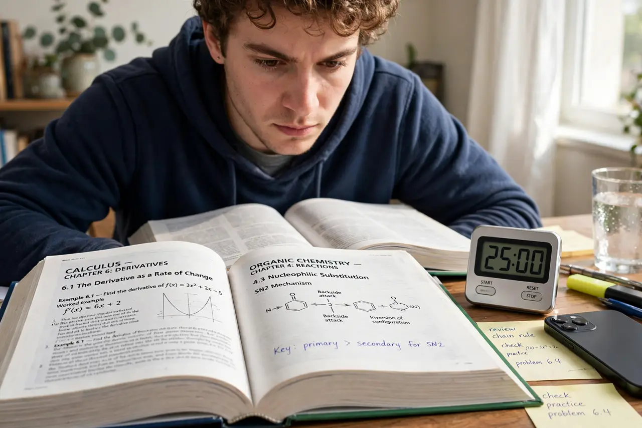 a person studying at a desk with a visible timer showing legible digits and a phone face-down nearby, textbooks open, the person's face determined. No black screen, no blank white .