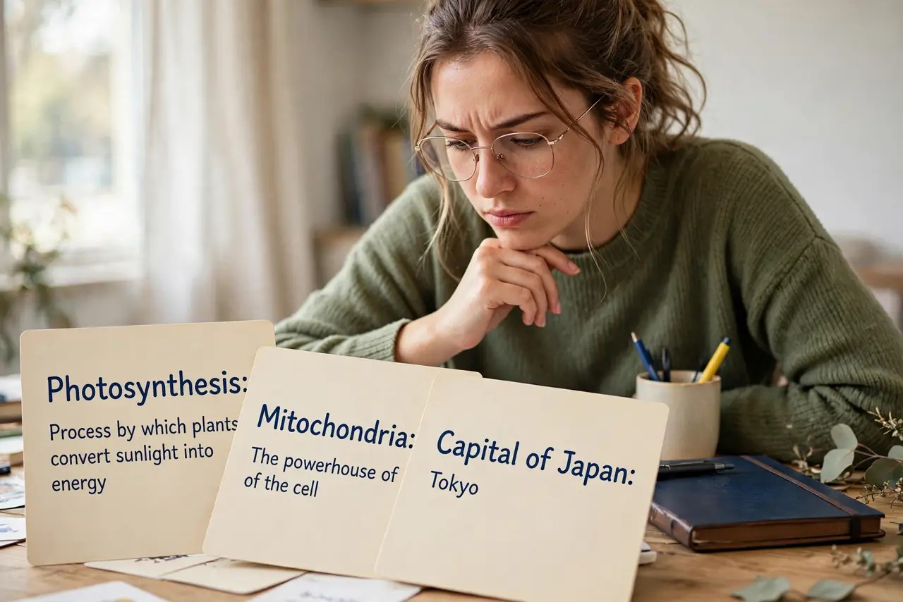 a person studying with flashcards at a desk, notebook closed beside them, the person's face thinking hard. No black screen, no blank white screen, no fake or garbled screen text.