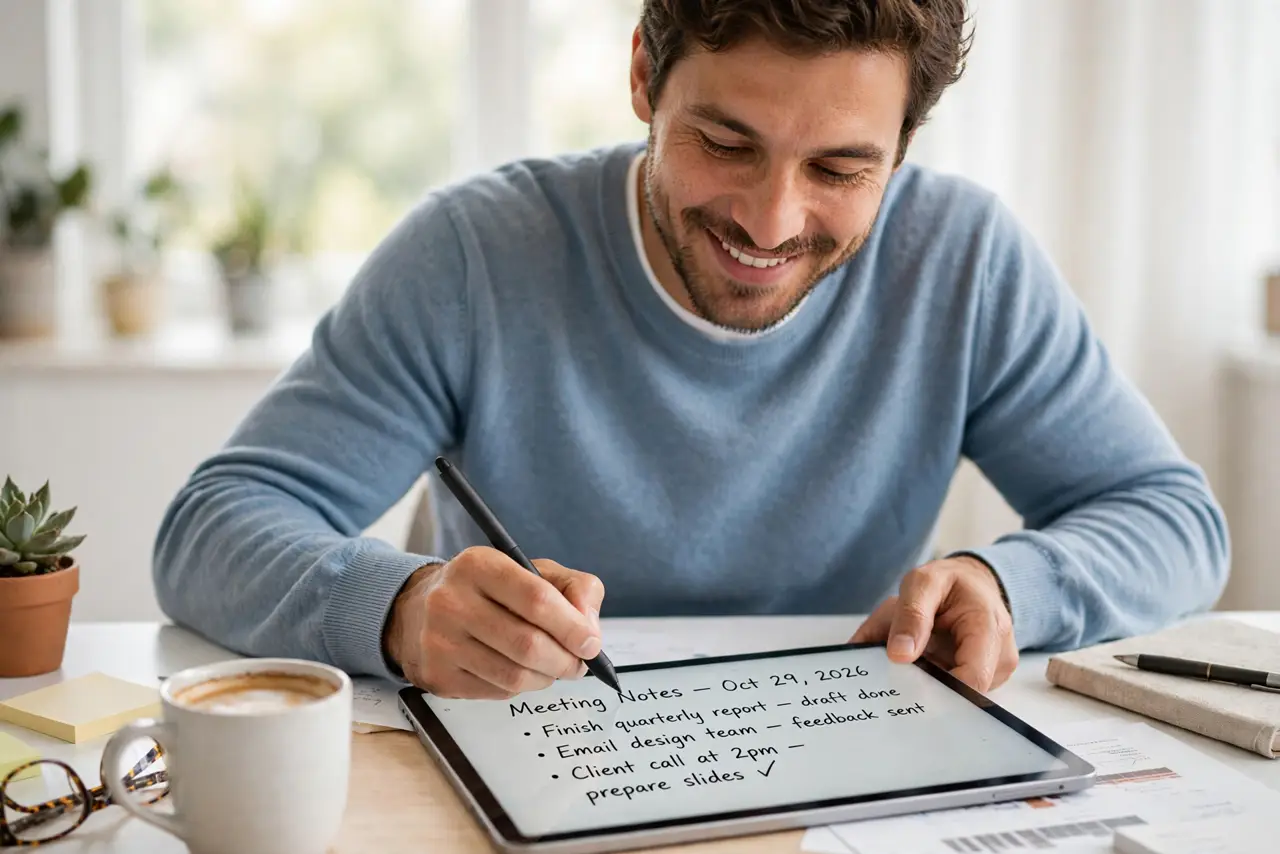 a person writing handwritten notes with a real stylus on a real tablet showing legible handwriting, the person's face pleased, bright desk.