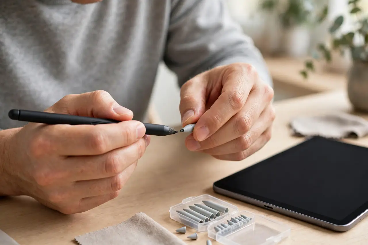 A person performing step 1: Replace the stylus tip.