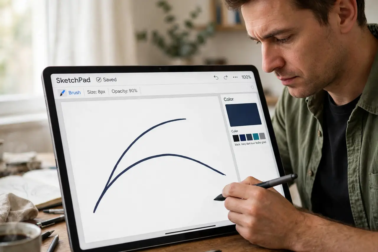 A focused adult drawing on a real tablet with a stylus, the tablet screen showing a smooth drawn line with legible app interface, the person concentrating.