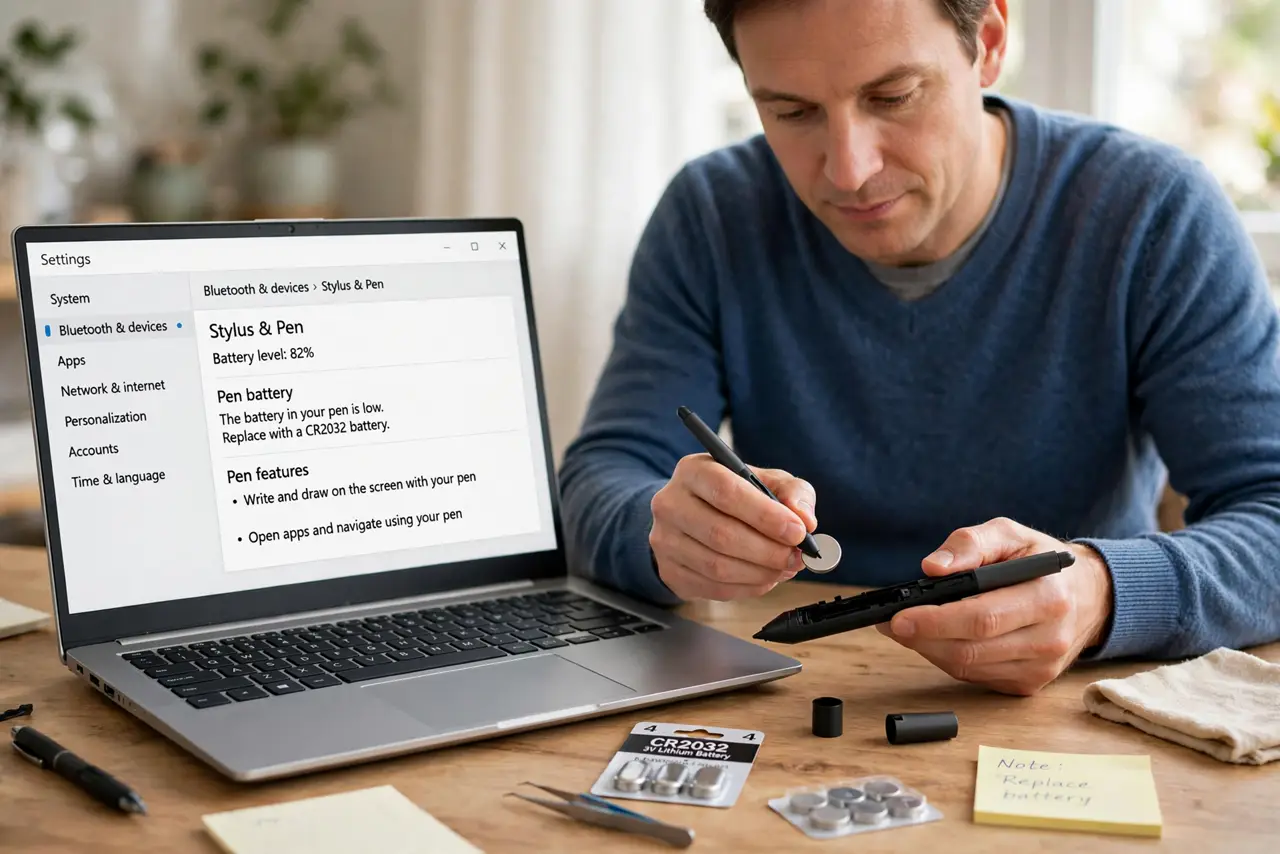 A calm adult replacing the battery in a stylus pen, a touch-screen Windows laptop beside it.