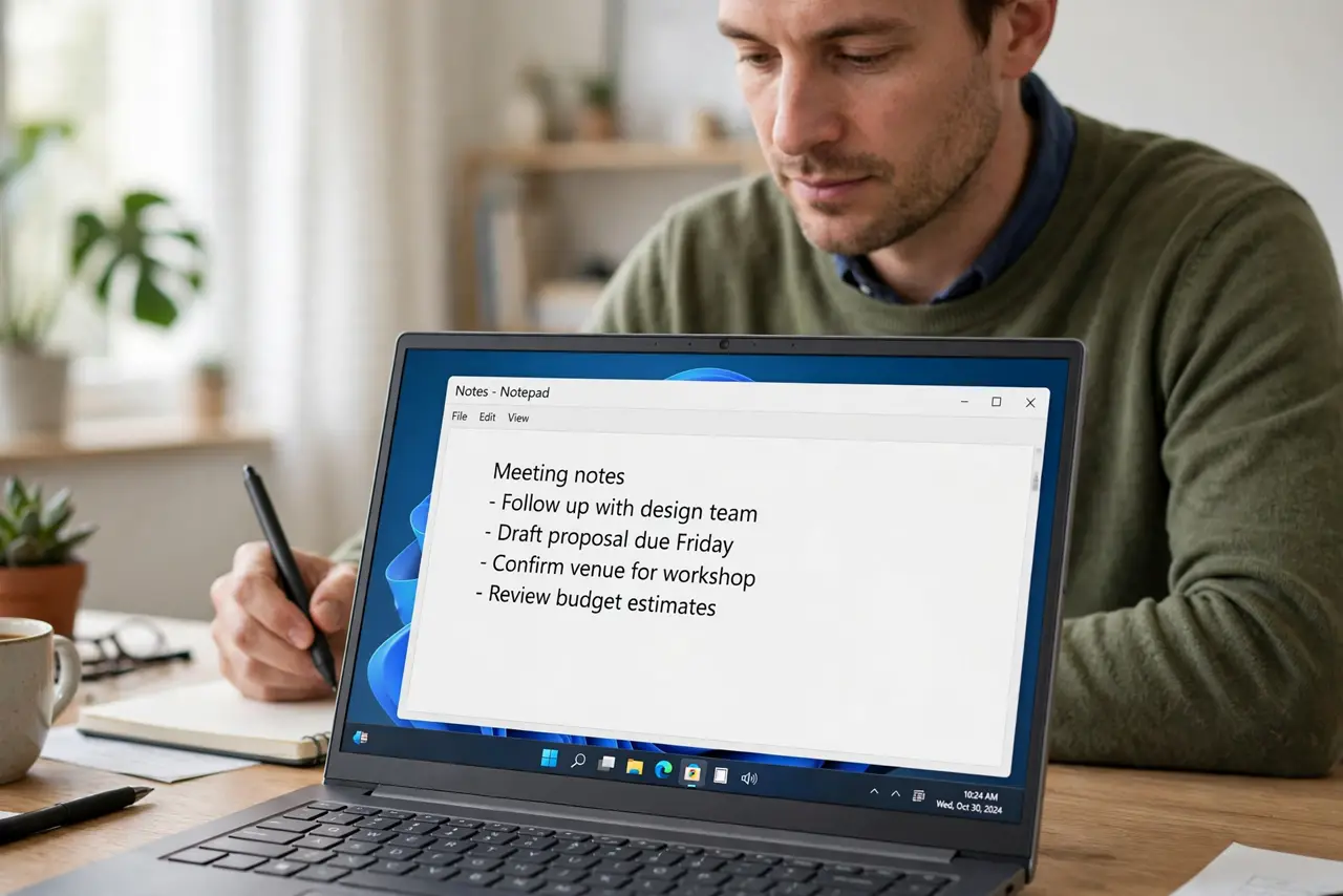 A calm adult at a desk holding a stylus pen over a touch-screen Windows laptop with a note open.