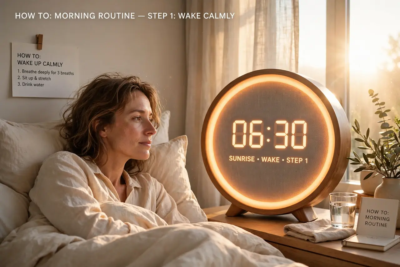 a person waking up in a bedroom with a real sunrise alarm clock glowing warmly on the nightstand, a morning light effect visible, the person's face peaceful,...