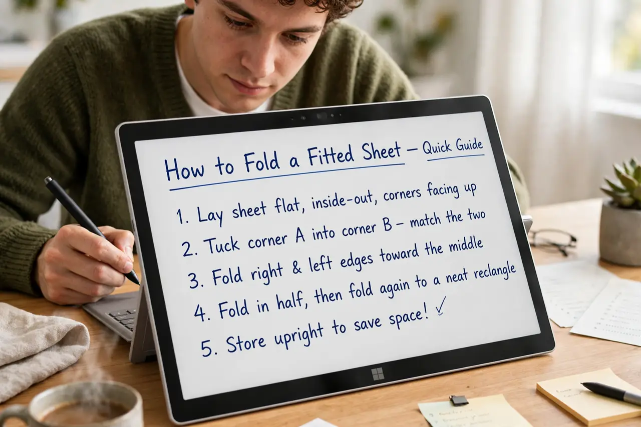 a person writing on a real Surface tablet with a real Surface Pen, the screen showing legible handwritten notes, the person's face focused, bright desk.