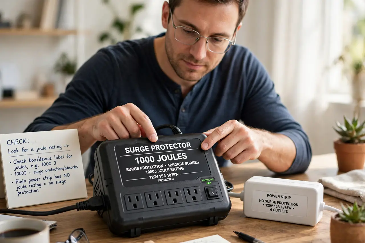 A person performing step 1 of the guide: Look for a joule rating. Check the box or the device label for a joule rating, such as 1000 joules. A joule rating means the device...