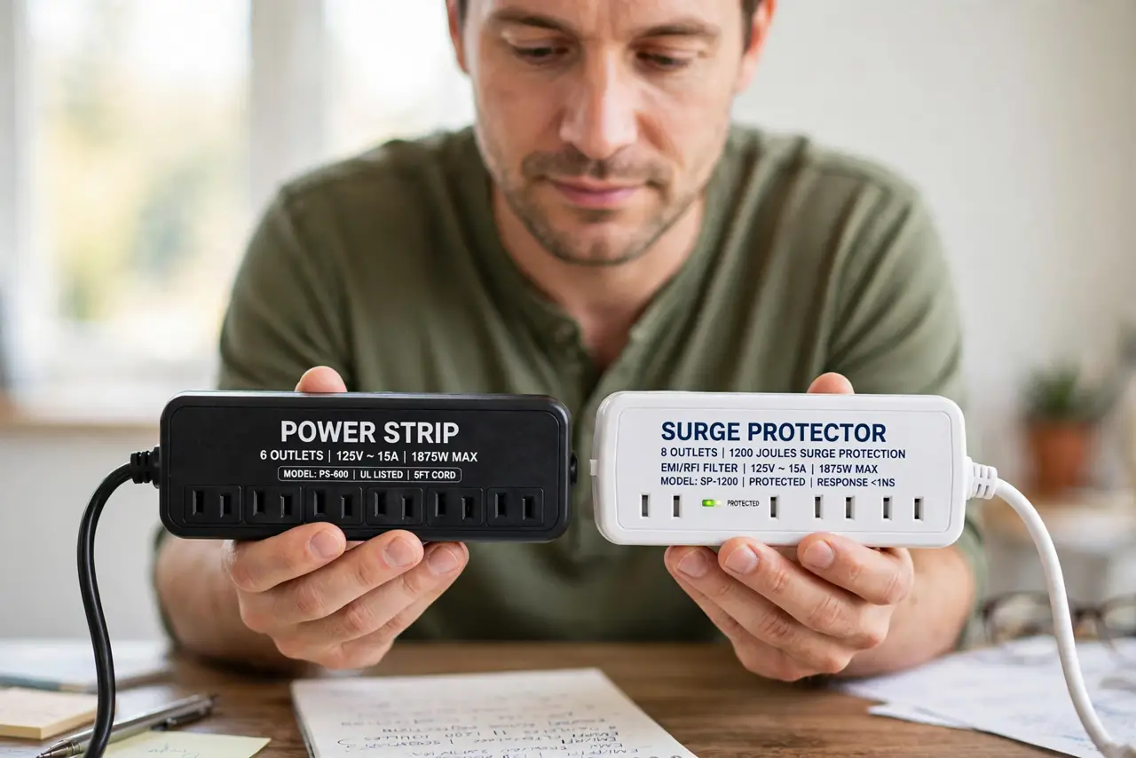 a calm adult holding a real power strip and a real surge protector side by side on a desk, both with normal labels legible, the person comparing them