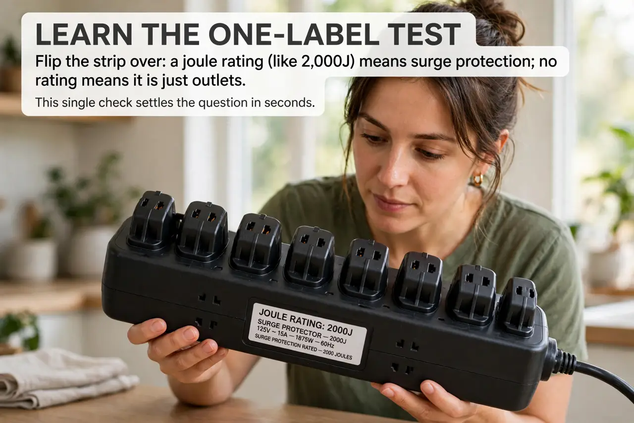 A person performing the first step of the guide: Learn the one-label test. Flip the strip over: a joule rating (like 2,000J) means surge protection; no rating.