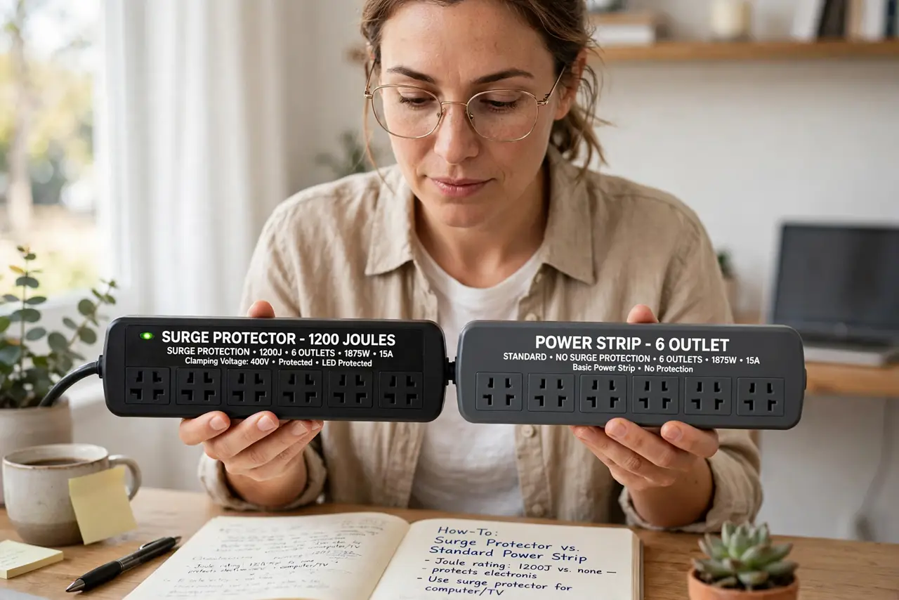 A person holding two real power strips side by side, one labeled surge protector with a joule rating visible, comparing them on a desk, the person's.