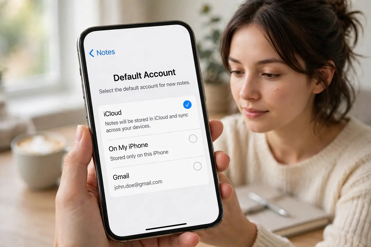 Photoreal photo of a person performing the first step: Check which account your notes app uses. Open the notes app settings and look at the default ac