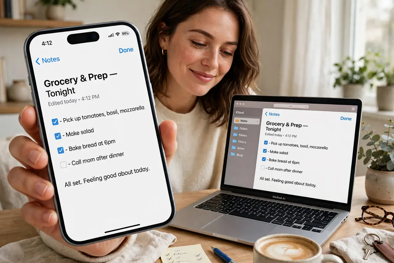 Photoreal photo: a person holding a real iPhone showing a notes app with a legible note, a real laptop beside showing the same note synced, the person's face relieved, desk setup. No black screen, no blank white screen, no fake or gar