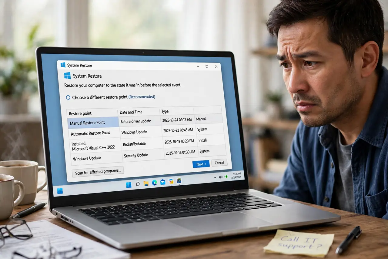 a concerned adult with a real Windows laptop, the System Restore window open on the real laptop screen with the restore point list clearly legible.