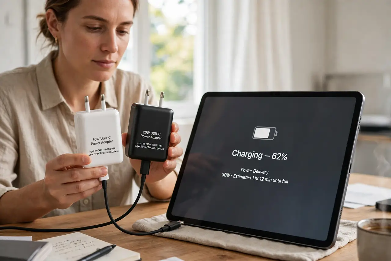 A calm adult at a desk plugging a real tablet into a proper wall charger, the tablet screen showing the charging indicator with legible text, the person comparing two chargers.