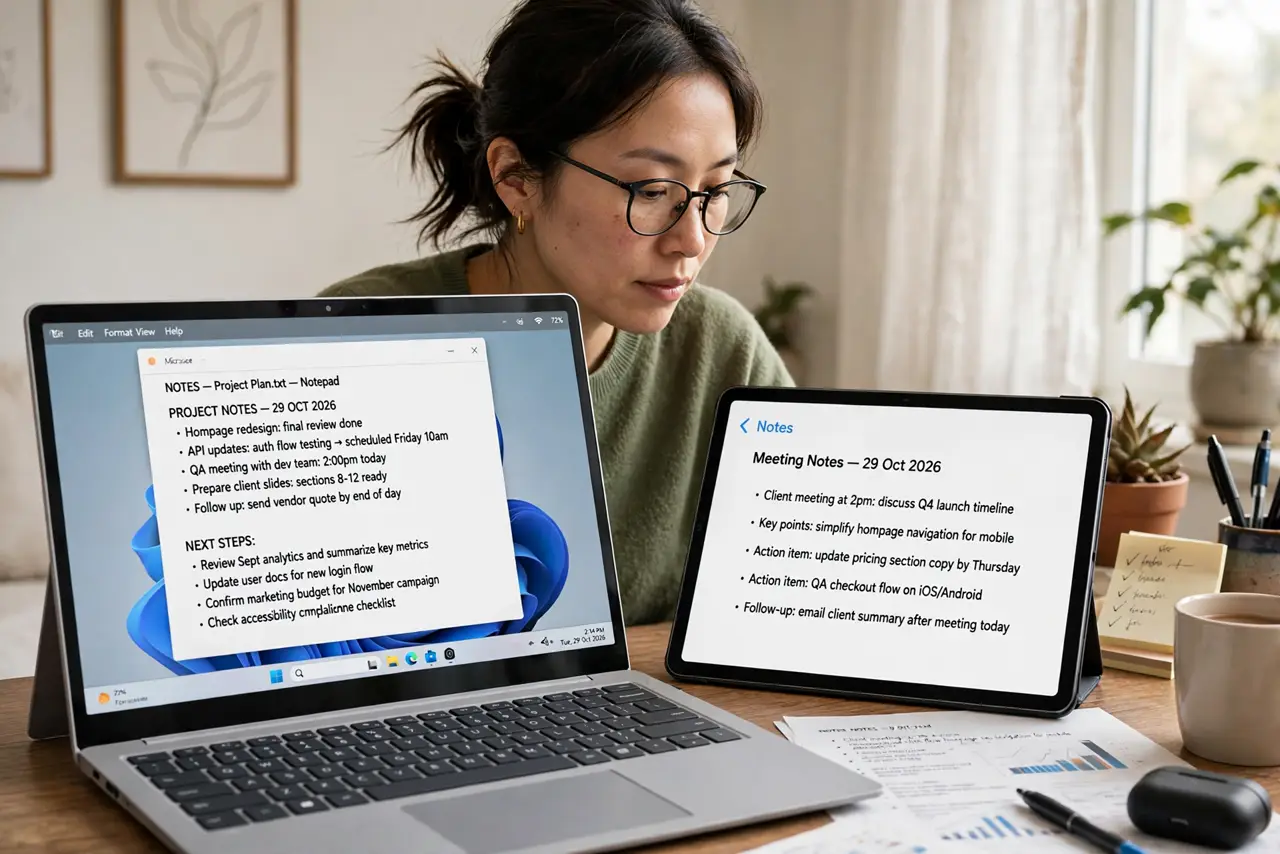 a person working on a real laptop with a real tablet beside it acting as a second display showing legible notes, both screens visible, the person's face focused, small apartment desk.