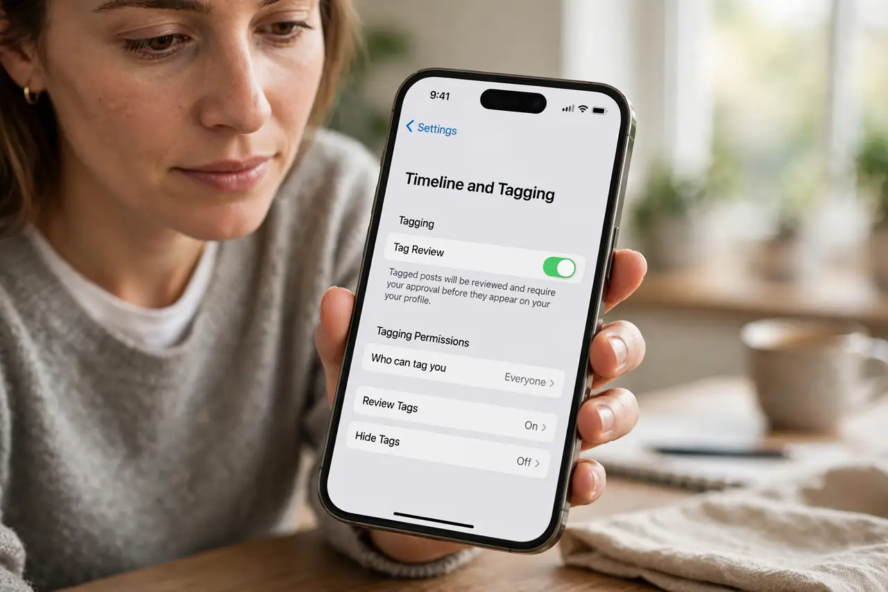 A person performing step 1 of the guide: Turn on tag review in settings. Open your profile or timeline settings and look for tag review or approval. Turning it on means tagged...