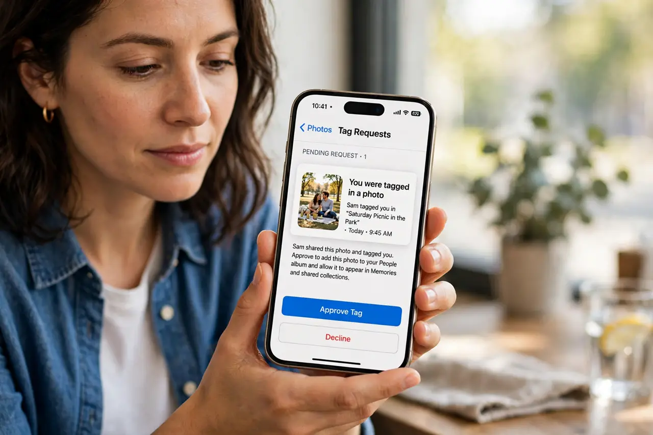 a calm adult holding a real iPhone showing a normal photo tag approval screen with a pending tag request and legible text, the person reviewing it calmly