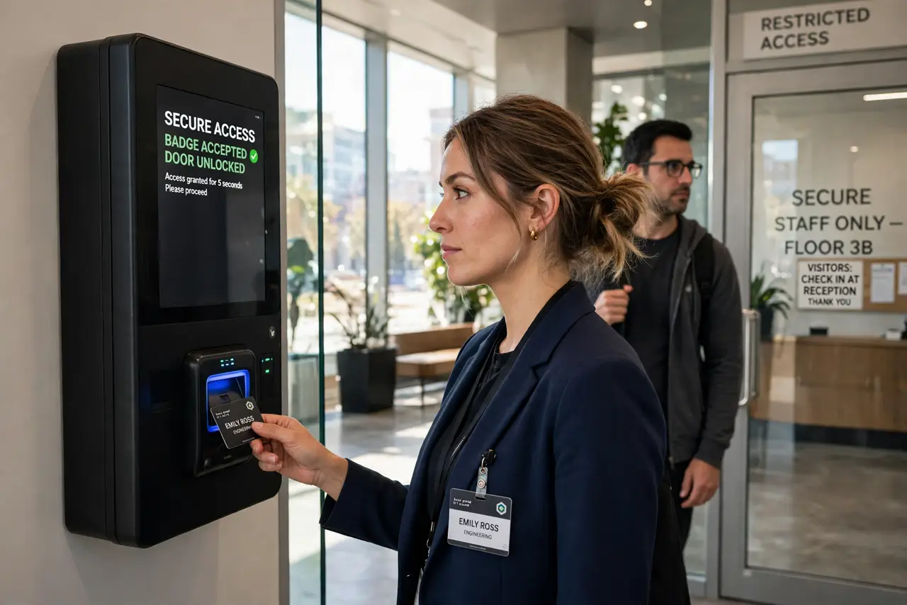 a person badging into a real office secure door while a stranger waits behind, the person turning with a polite but firm expression, modern office lobby.
