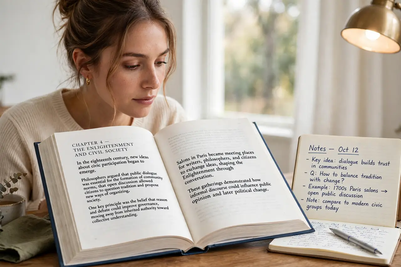 a person reading a real book with a pen, a notebook open beside with legible handwritten notes, the person's face thoughtful, warm reading light. No black screen, no blank white sc.