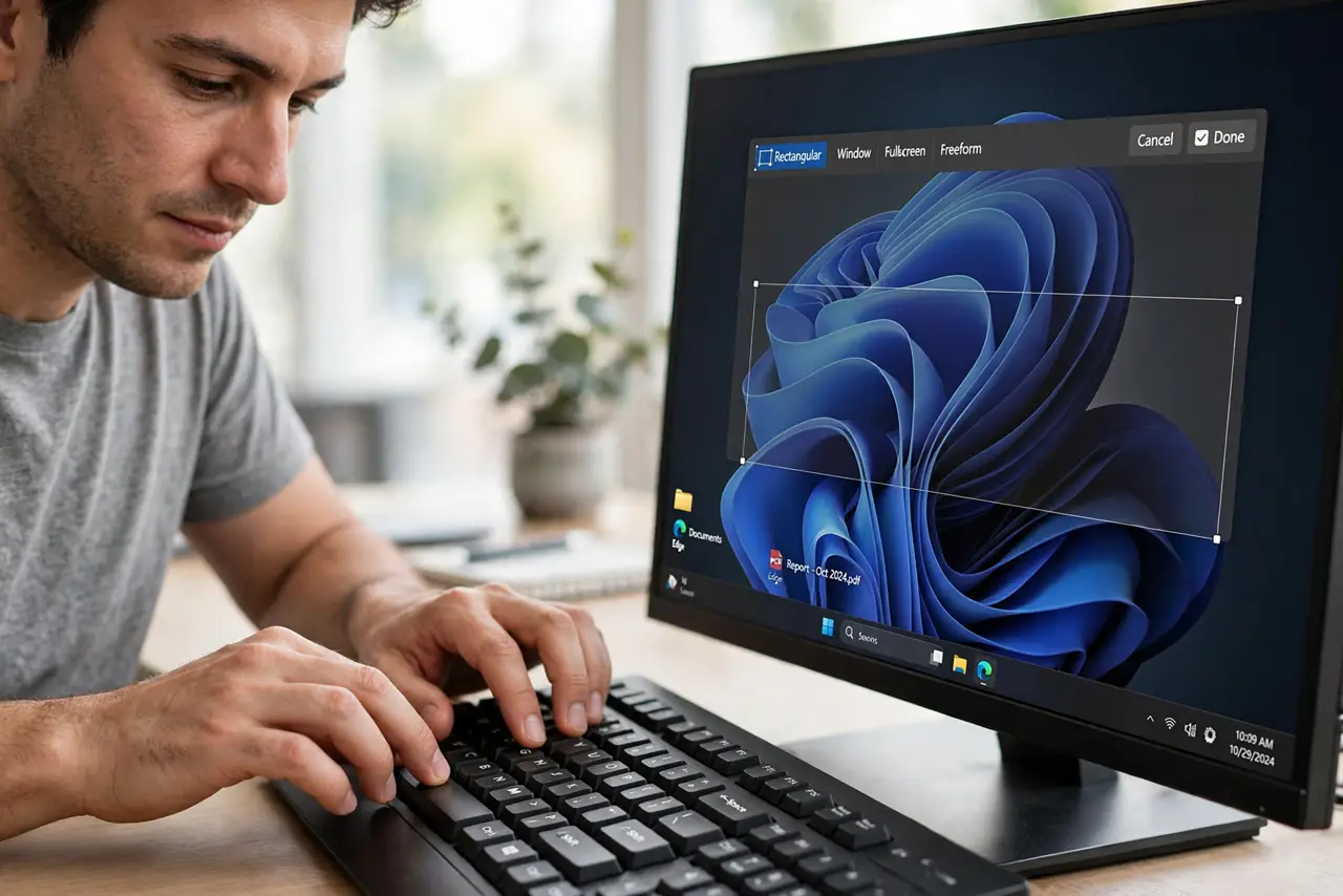 Calm adult's hands pressing the Windows, Shift and S keys with the Snipping Tool toolbar on screen