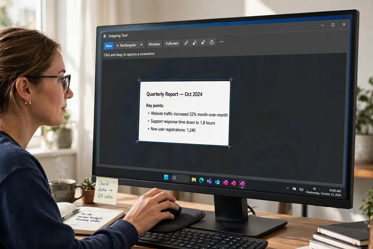 Calm adult using a mouse with the Windows Snipping Tool and a screenshot selection visible on the monitor