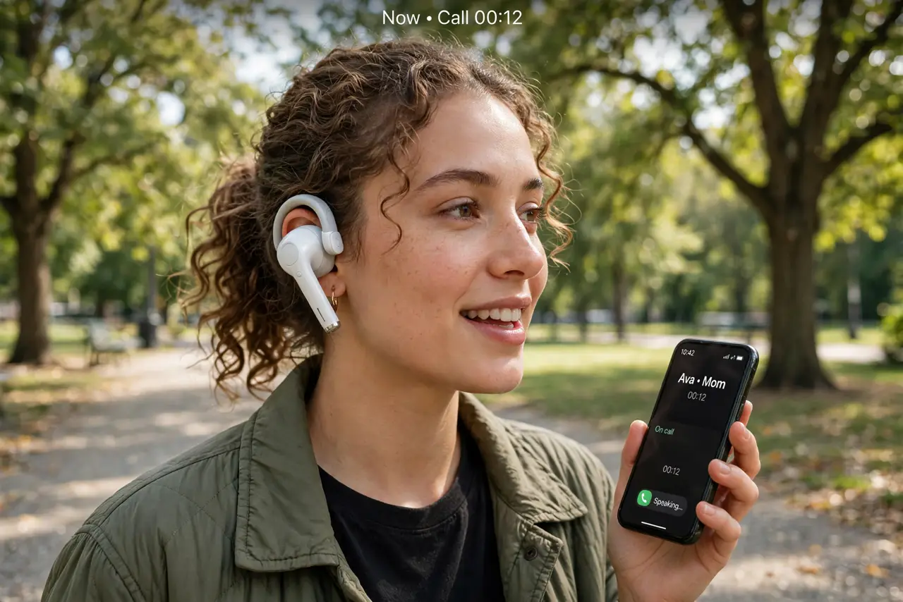 A person walking outdoors on a park path wearing real wireless earbuds and holding a smartphone, mid-conversation with a pleasant expression, daylight with trees around.