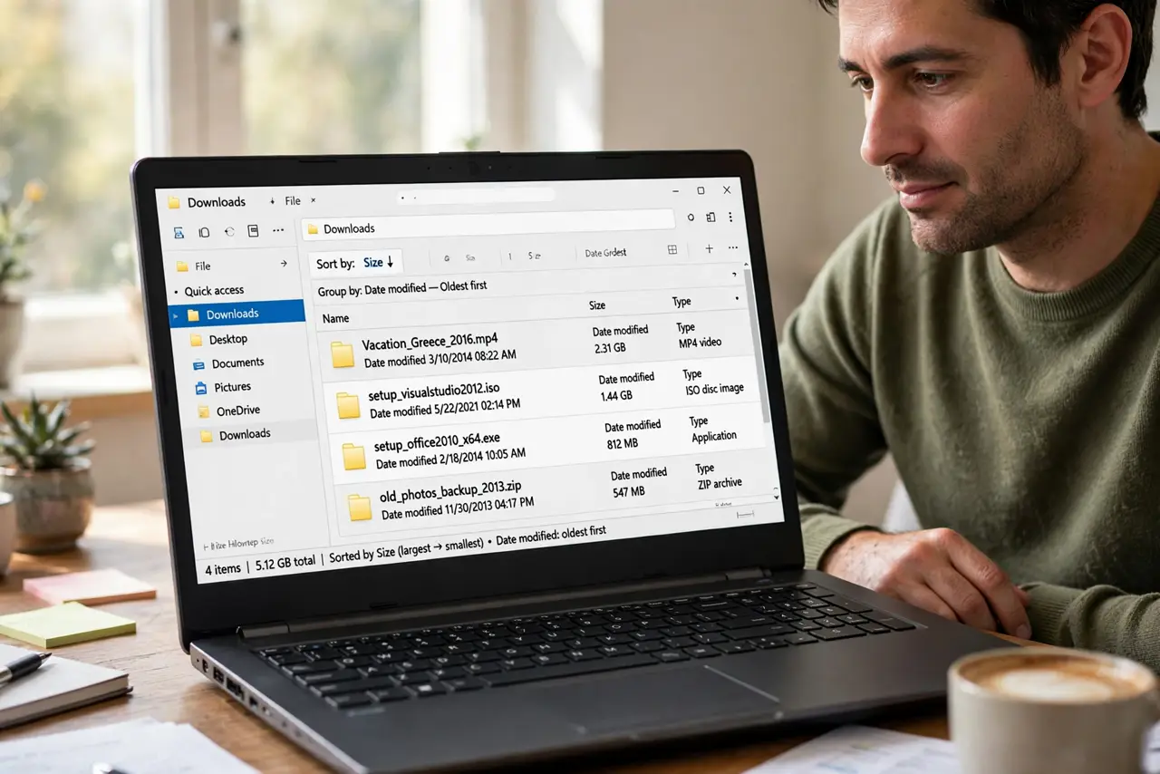 A person performing step 1: See the scale of it. Open the folder, sort by size and by date. The oldest and biggest files are usually the e.