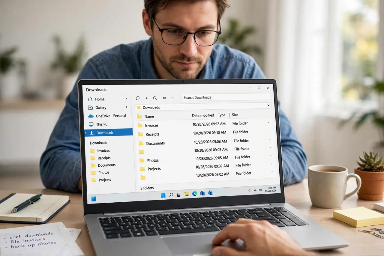 A person sorting files on a real laptop, the screen showing a legible downloads folder being organized into neat subfolders, the person's face determined, tidy desk.