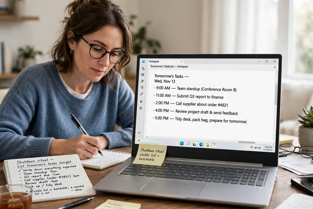 A person performing step 1 of the guide: List tomorrow's tasks tonight. Write down everything expected tomorrow during your shutdown ritual. A visible list is batchable; a...