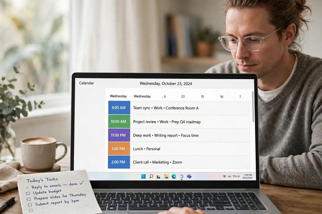 a calm adult at a desk with a real Windows laptop showing a normal calendar with themed time blocks and legible labels, a paper list beside it, the person working focused