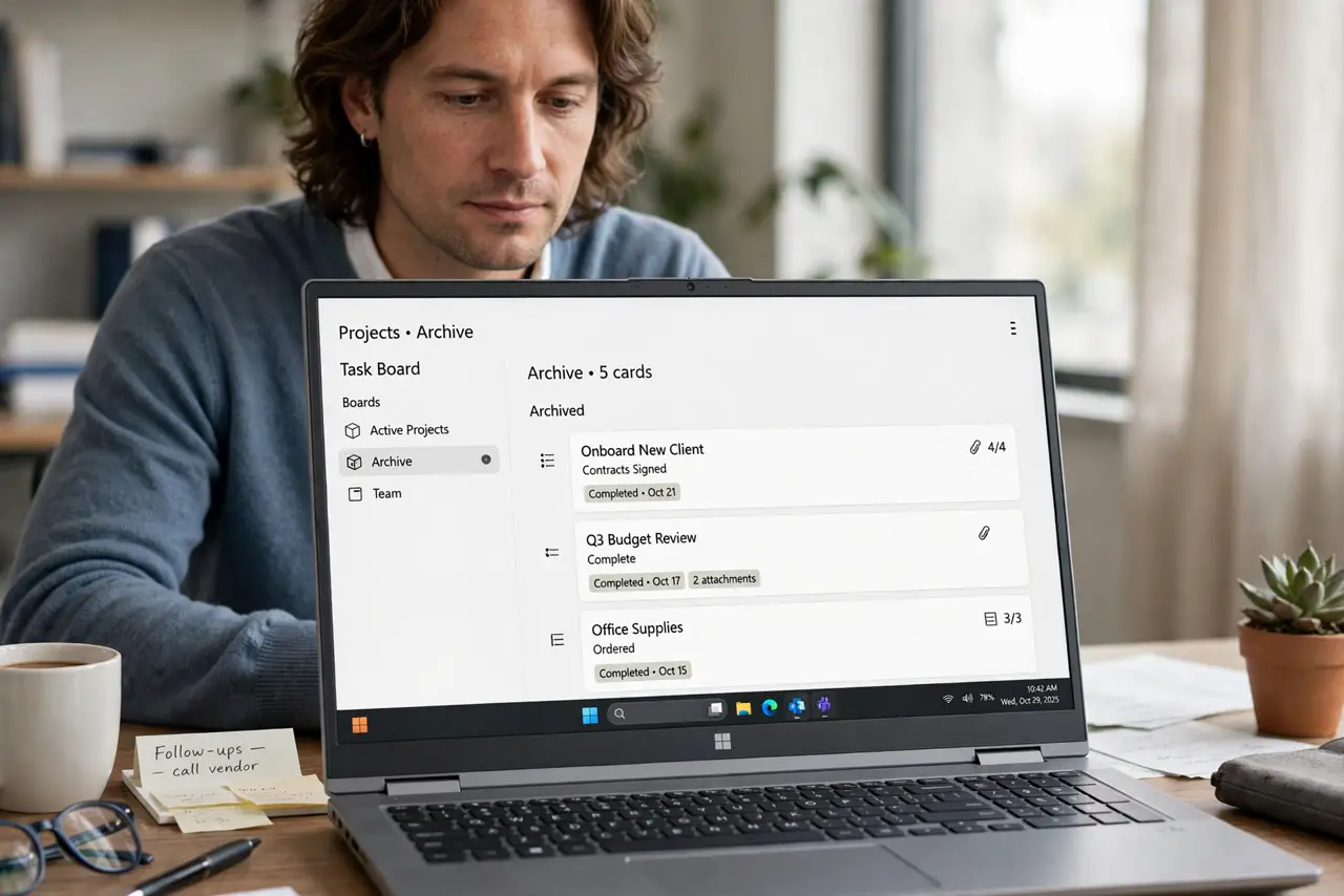 a calm adult at a desk with a real Windows laptop showing a task board on the real screen with an archived list, card titles legible. No black screen, no blank