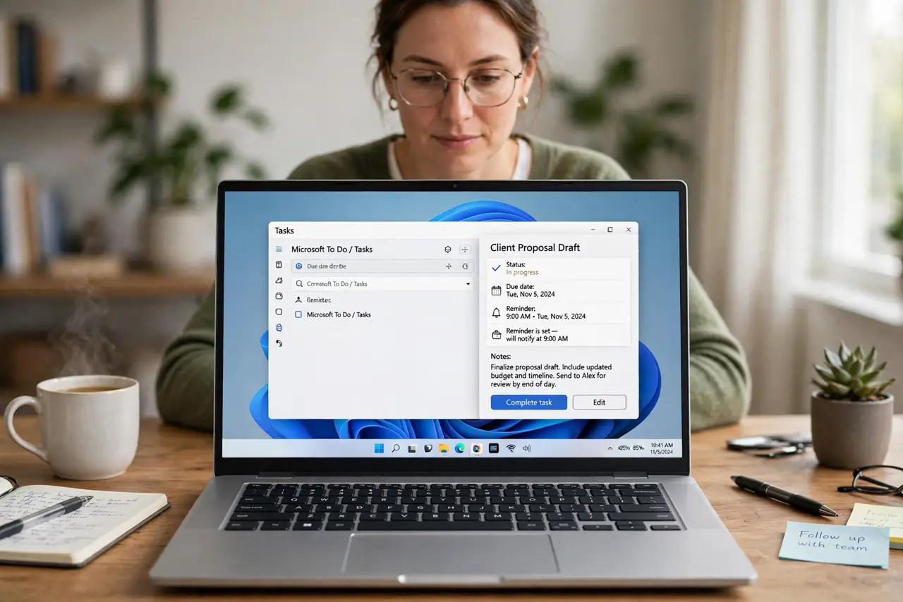 a calm adult at a desk with a real Windows laptop showing a task board card on the real screen with a due date and reminder setting visible. No black screen, no