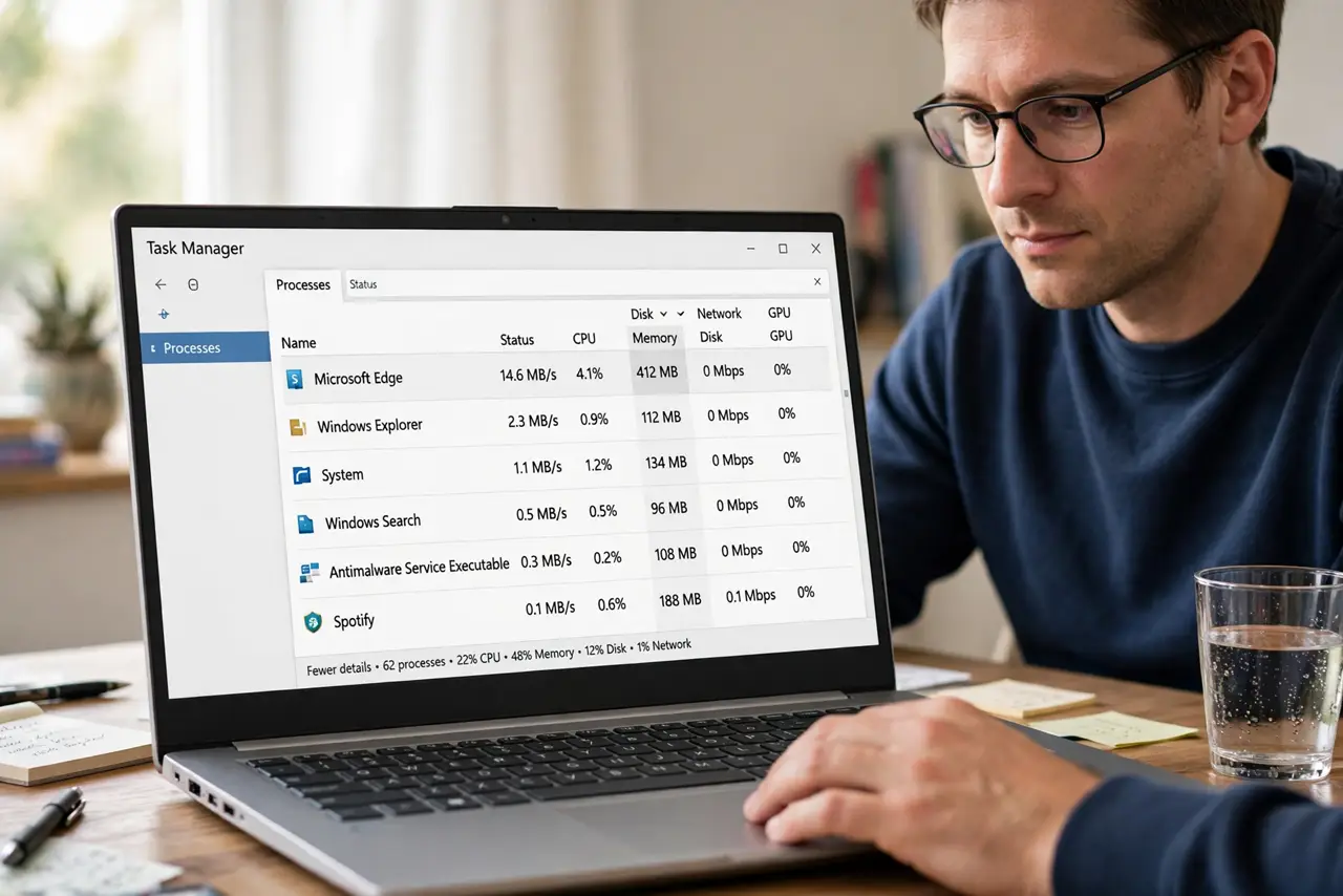A person performing the first step: Sort Task Manager by Disk.