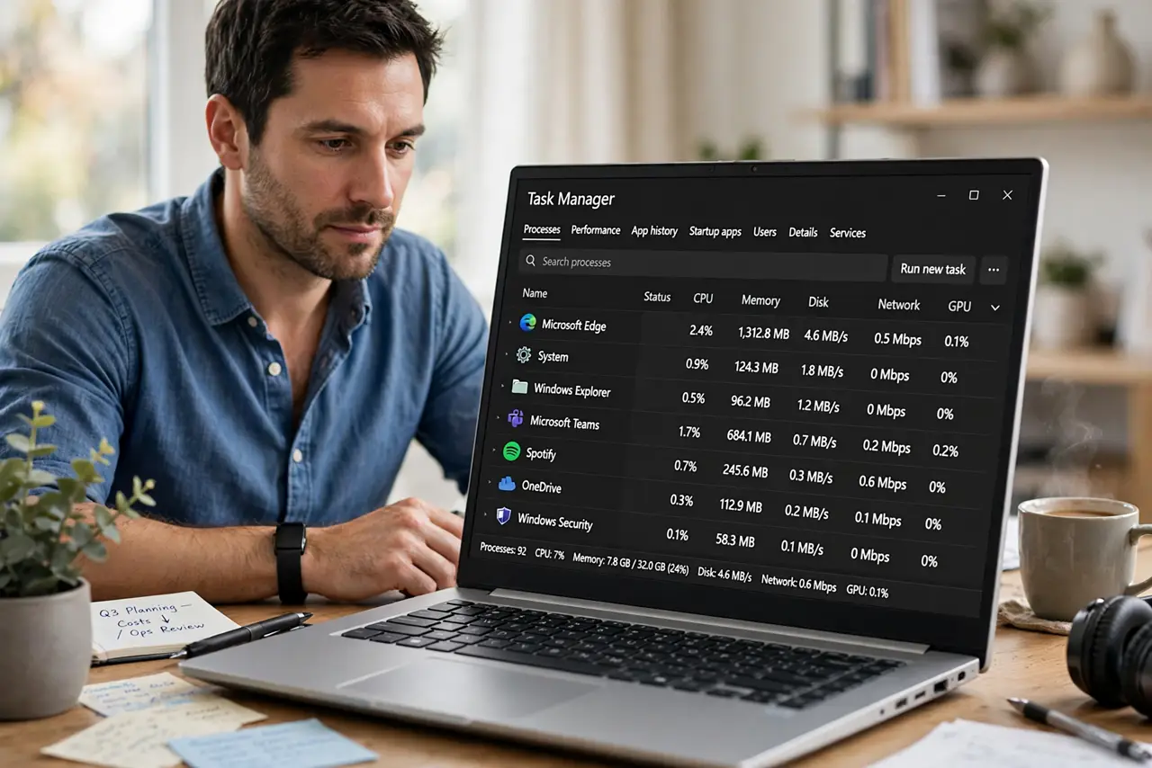 a calm adult at a desk with a real Windows laptop, the Task Manager Processes list sorted by Disk clearly visible and legible on the real laptop screen.