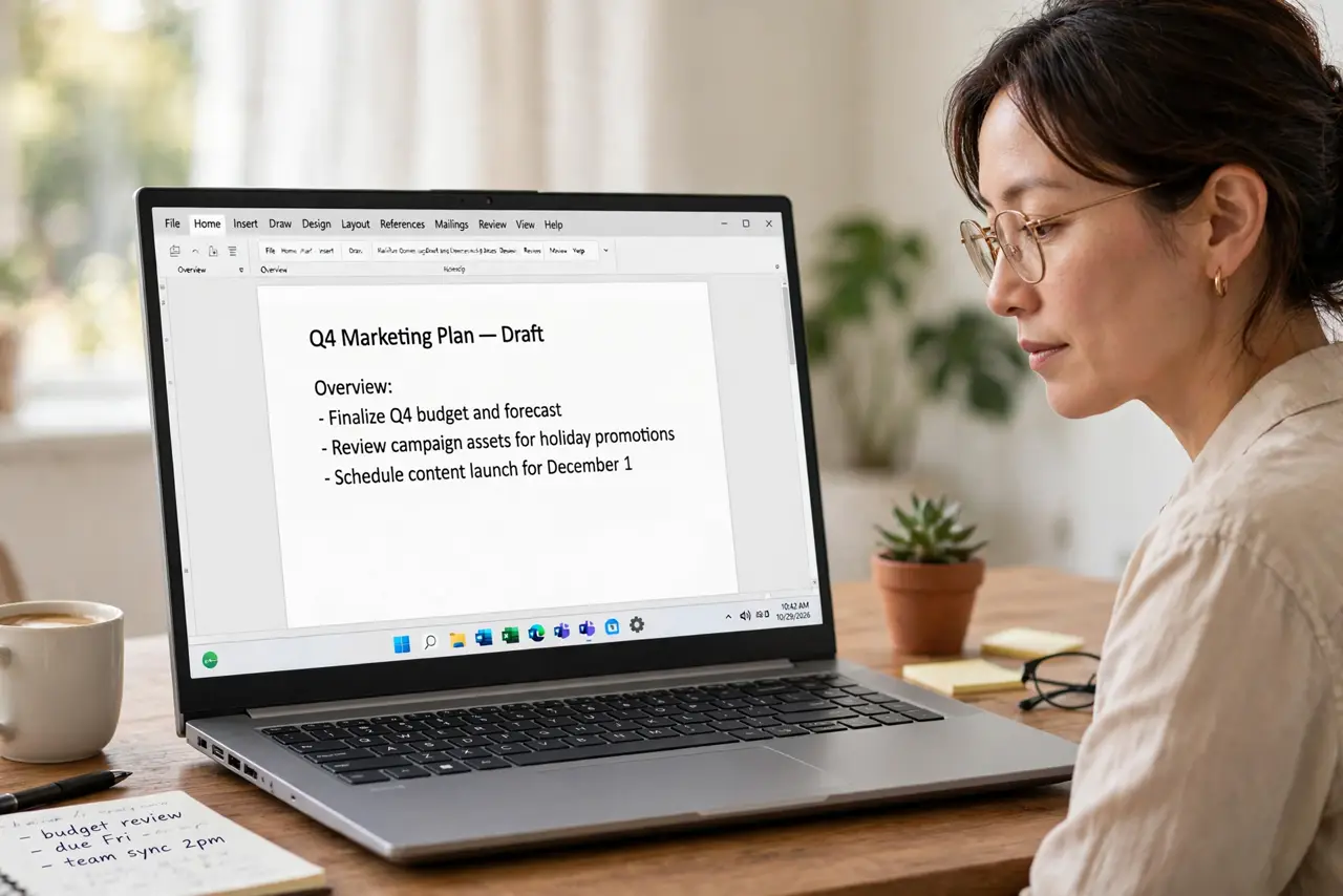 a focused adult at a desk with a real Windows laptop, the taskbar visible on the real laptop screen with pinned app icons clearly legible.