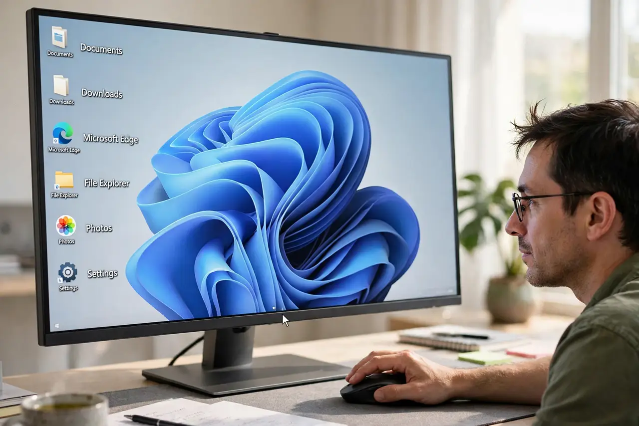 Calm adult moving the mouse to the bottom edge of the screen to check for an auto-hidden taskbar