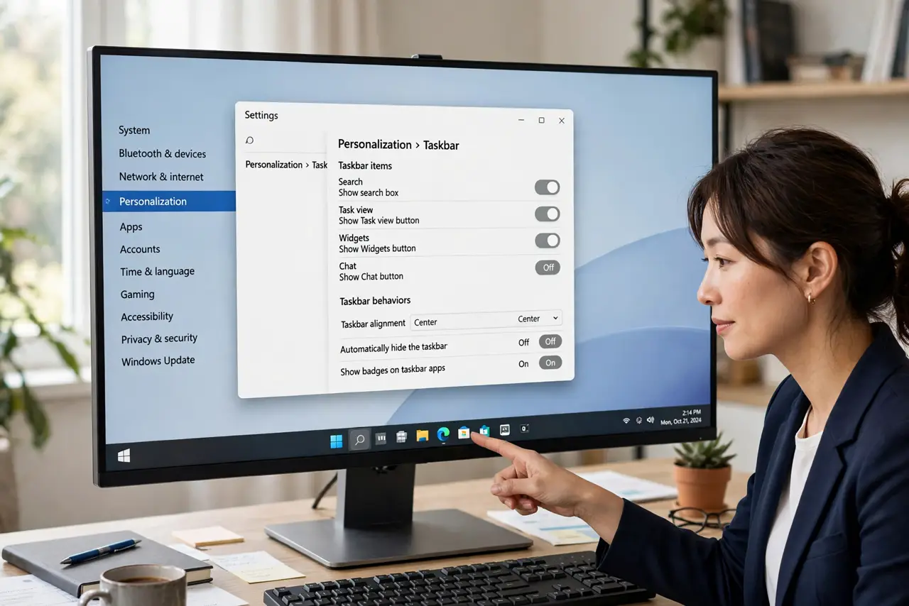 Calm adult pointing at the taskbar at the bottom of a Windows desktop with Taskbar settings open