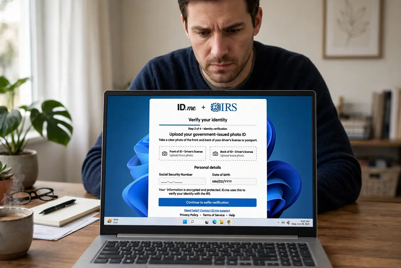 a person at a real laptop showing the IRS website identity verification page with legible text, the person's face serious and focused, home office. No black screen, no blank white .