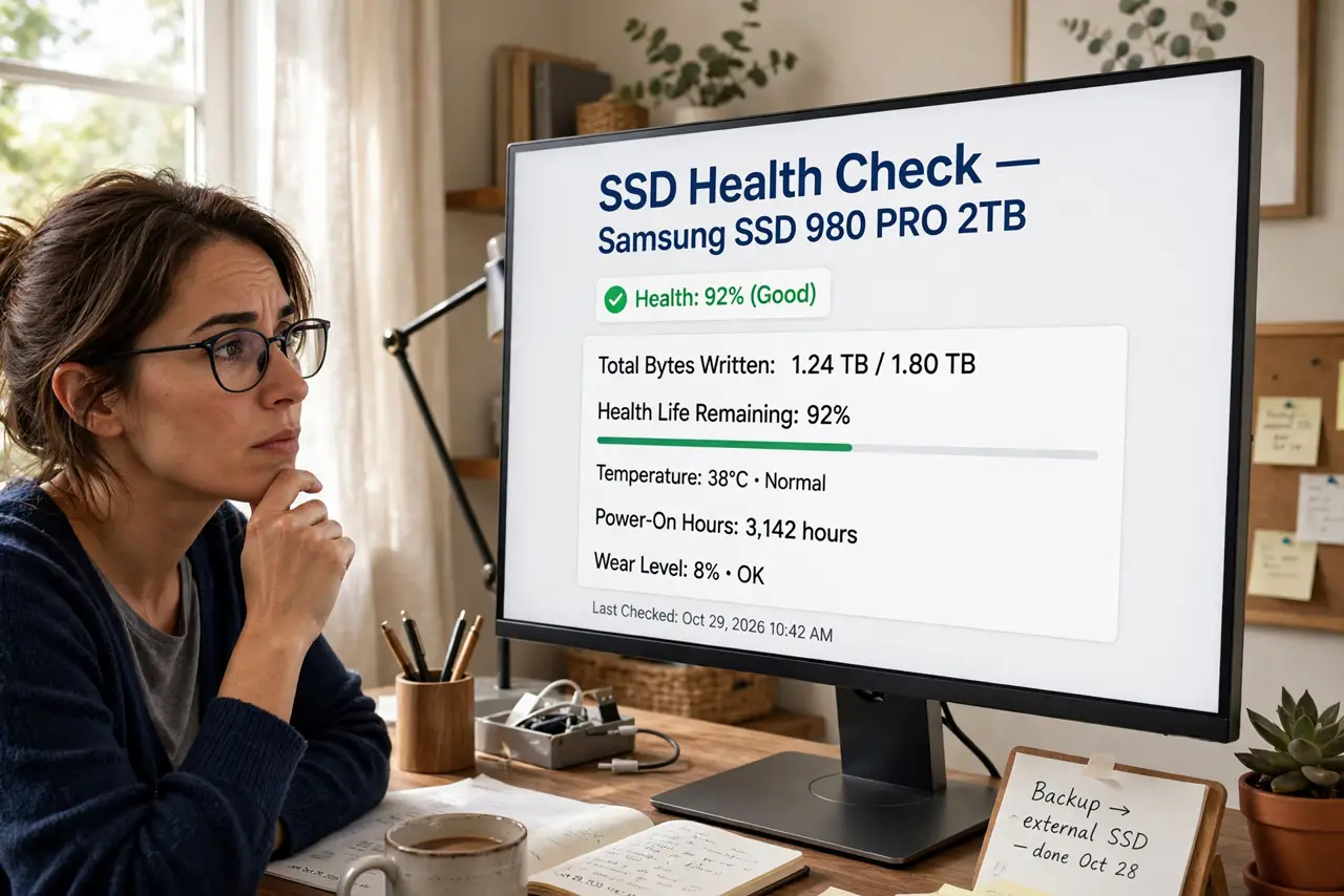 a person checking SSD health on a real monitor showing a legible TBW and health percentage readout, the person's face thoughtful, home office. No black screen, no blank white scree.