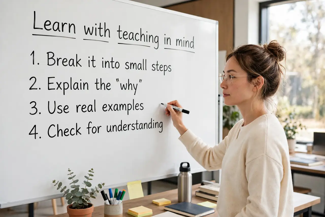 A person calmly performing the guide's first step: Learn with teaching in mind.