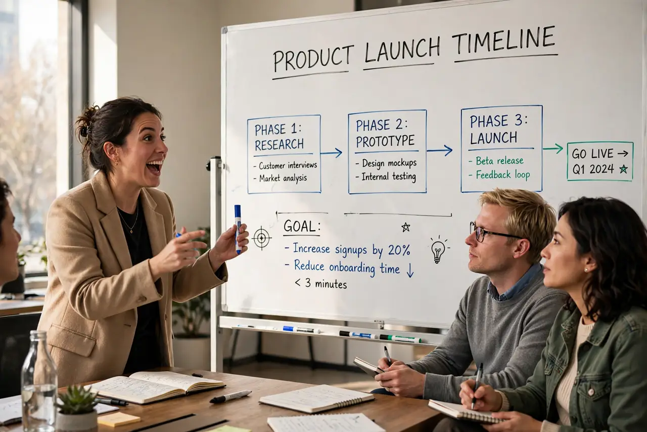 a person explaining a concept at a whiteboard with legible diagrams to a small audience, the person's face animated. No black screen, no blank white screen, no fake or garbled scre.
