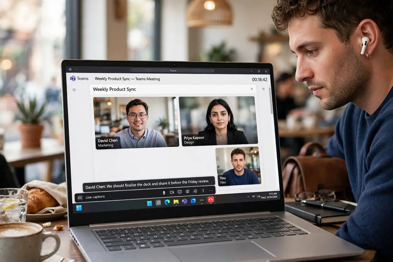a person on a real laptop in a cafe, the Teams meeting window showing live captions at the bottom, the person wearing earbuds, face attentive. No black screen, no blank white scree.