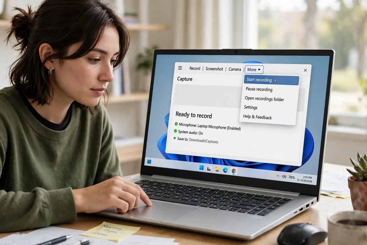 A person calmly performing the guide's first step: Start recording from More.