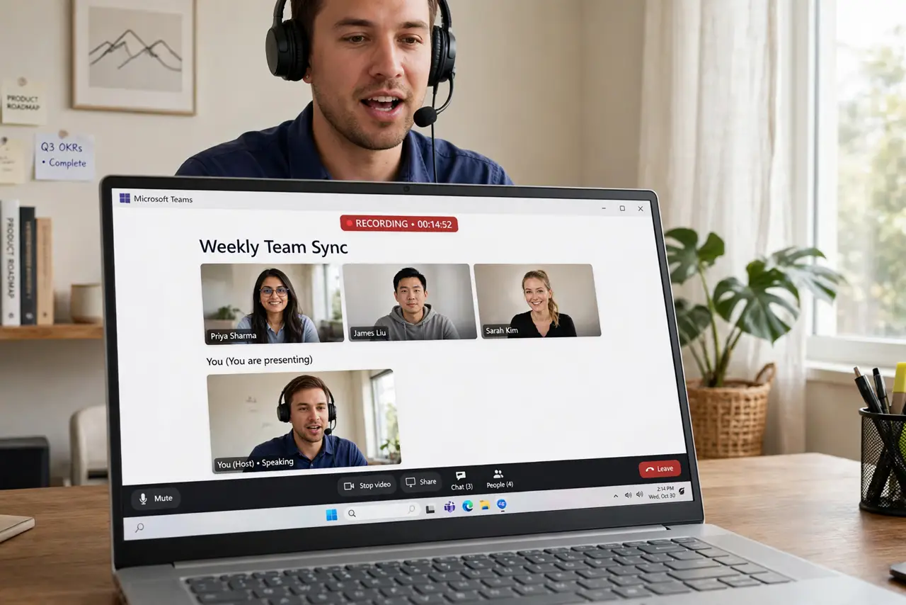 a person hosting a real Teams meeting on a laptop, the recording indicator visible, the person speaking confidently, home office. No black screen, no blank white screen, no fake or.