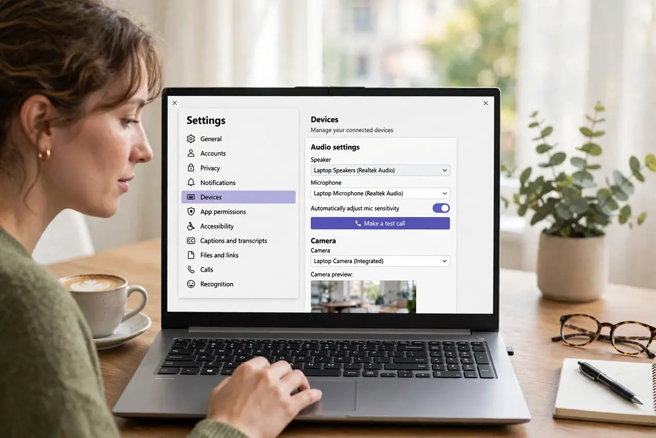 A person calmly performing the guide's first step: Open Teams device settings.