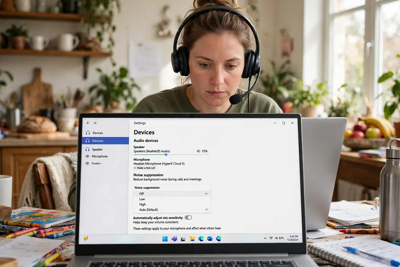a person on a real laptop in a busy home, the Teams device settings open showing noise suppression options, the person wearing a headset, face focused. No black screen, no blank wh.