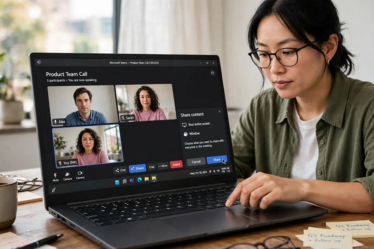 A person calmly performing the guide's first step: Click Share in the call.